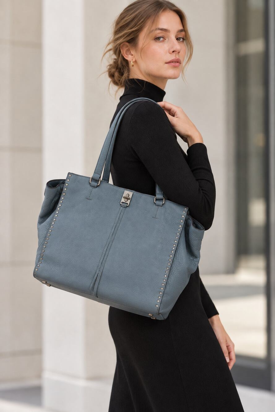 Rebecca Minkoff Women's Studded Tote in blue pebbled leather